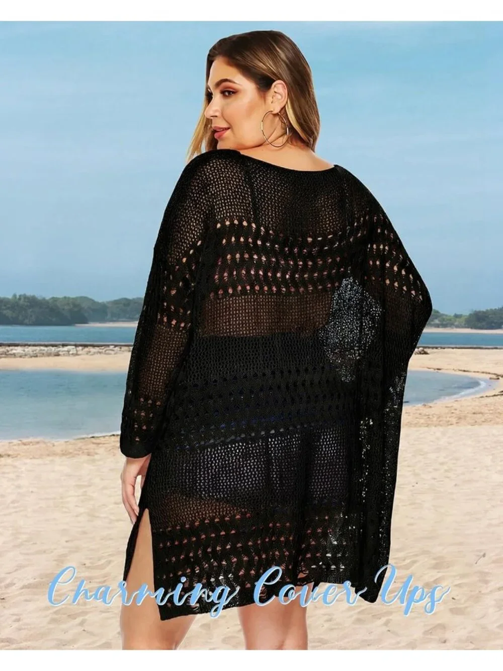 Women's Long Sleeve Dull Black Polyester Crochet Summer Swimsuit Coverup Dress